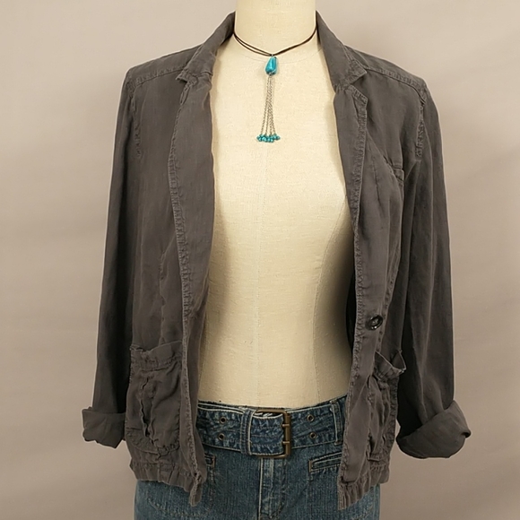 100% Linen Jacket Blazer Charcoal Gray Neutral Lightweight Casual Natural SeeMes - Picture 4 of 7